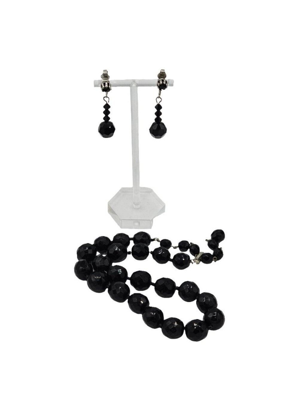 (169) Hobe Vintage Black Faceted Glass Beaded Mourning Necklace Dangle Earrings